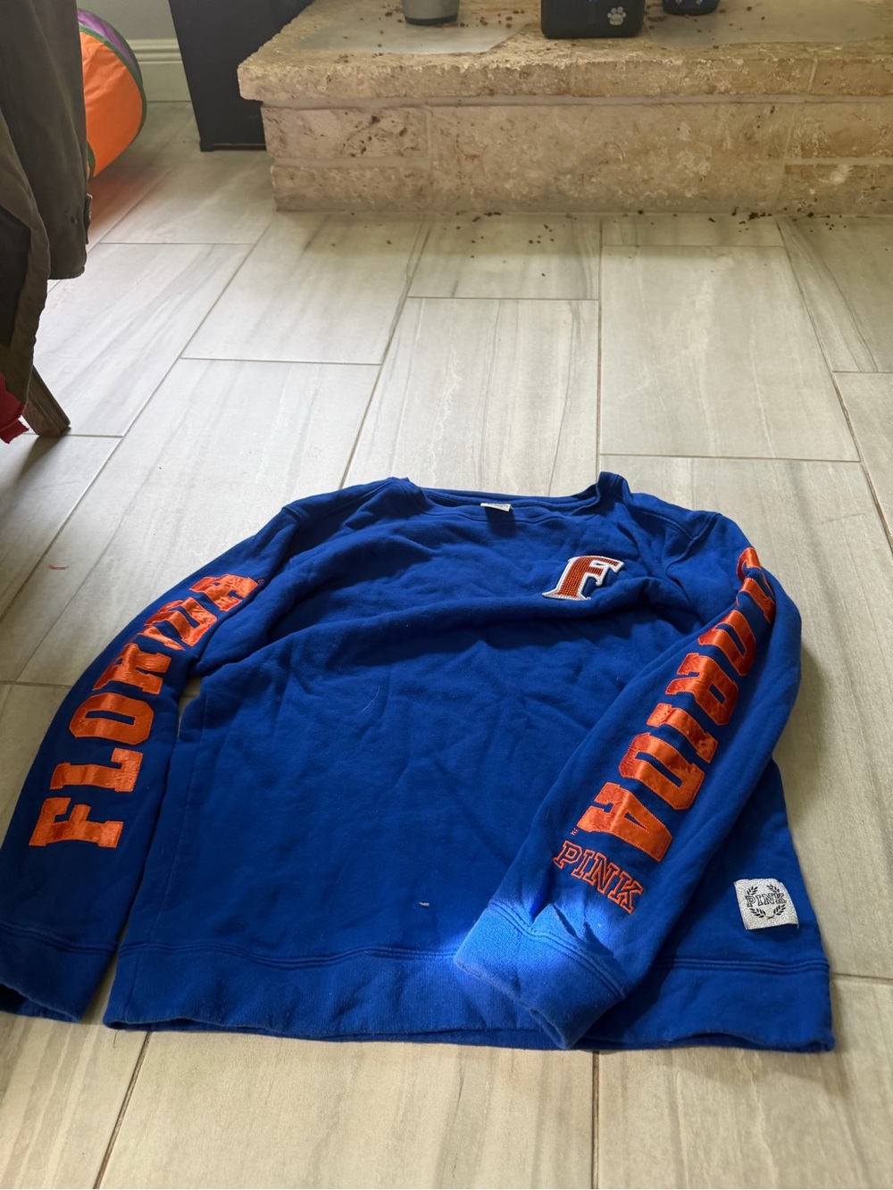 PINK Victoria's Secret Royal Blue Crewneck with Orange Florida Sleeves